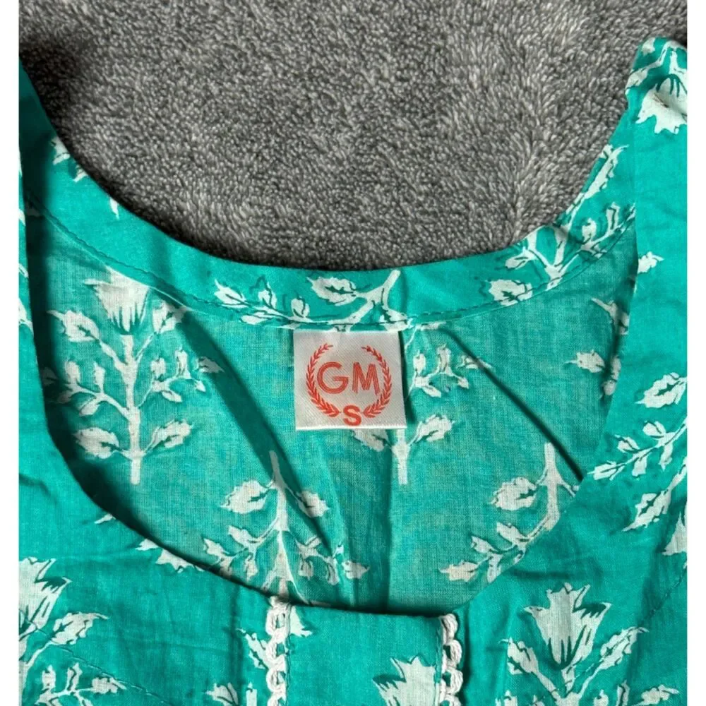 GM Teal White Floral Block Print Cotton Midi Kurta Dress 3/4 Sleeve Women's S